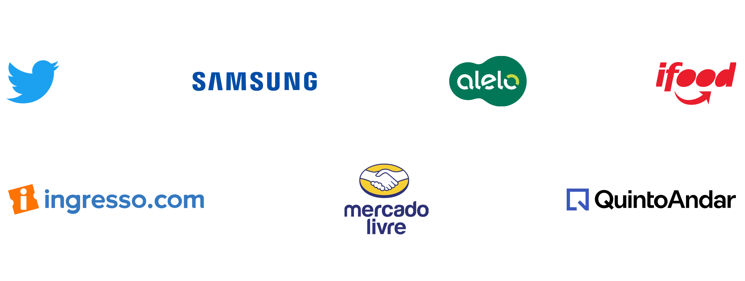 Logos from Twitter, Samsung, Alelo, iFood, ingresso.com, Mercado Livre and Quinto Andar